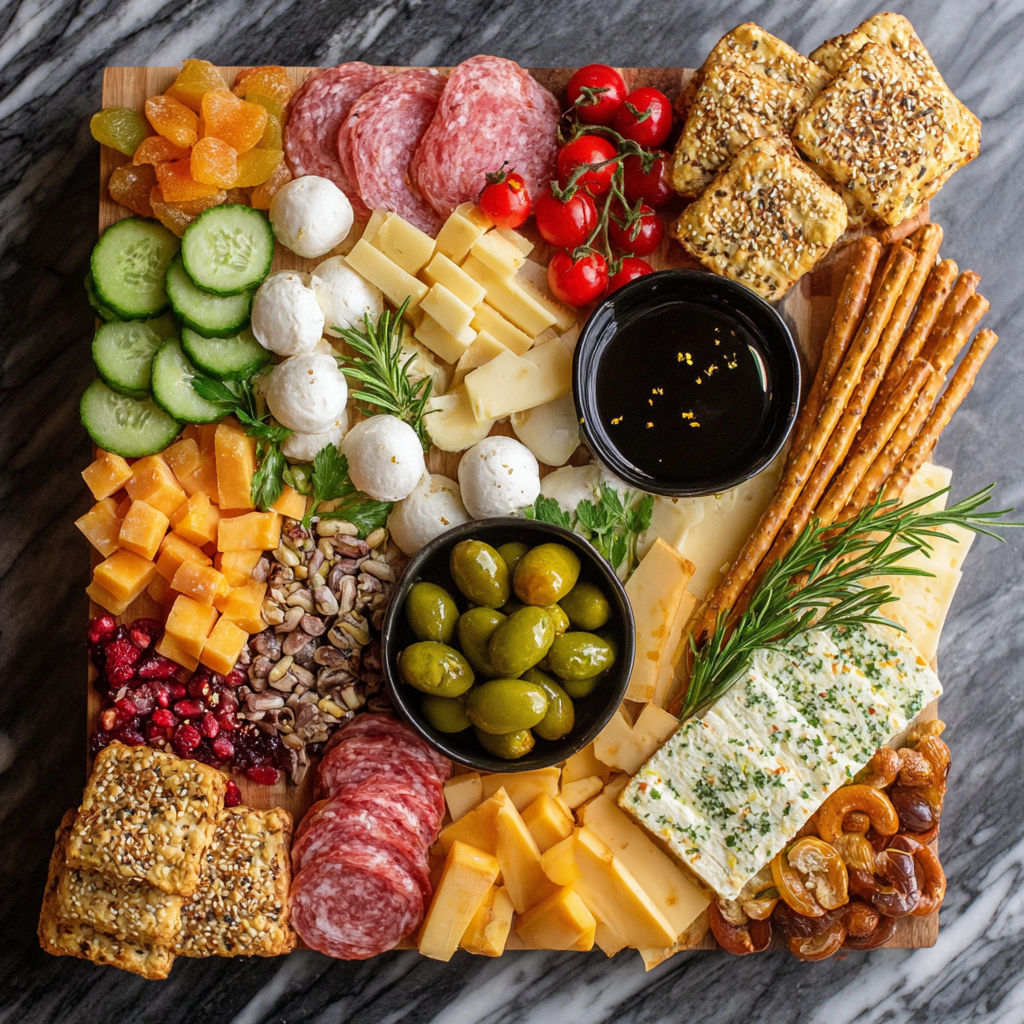 A Christmas charcuterie board with a variety of cheeses, crackers, and fruits.