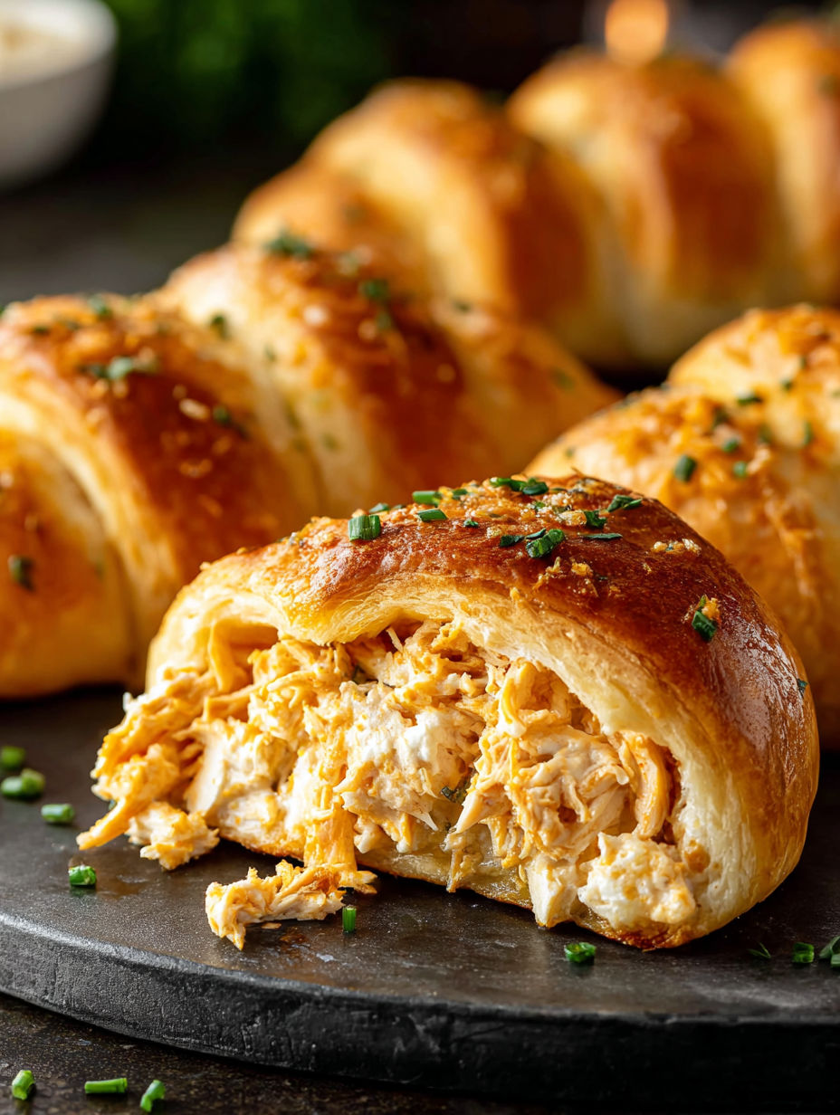 Chicken crescent roll ups on a black plate.