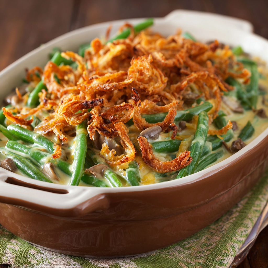 A dish of green beans and mushrooms.