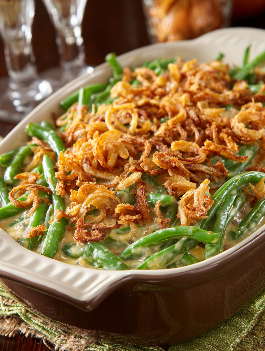 A bowl of food with green beans and onions.