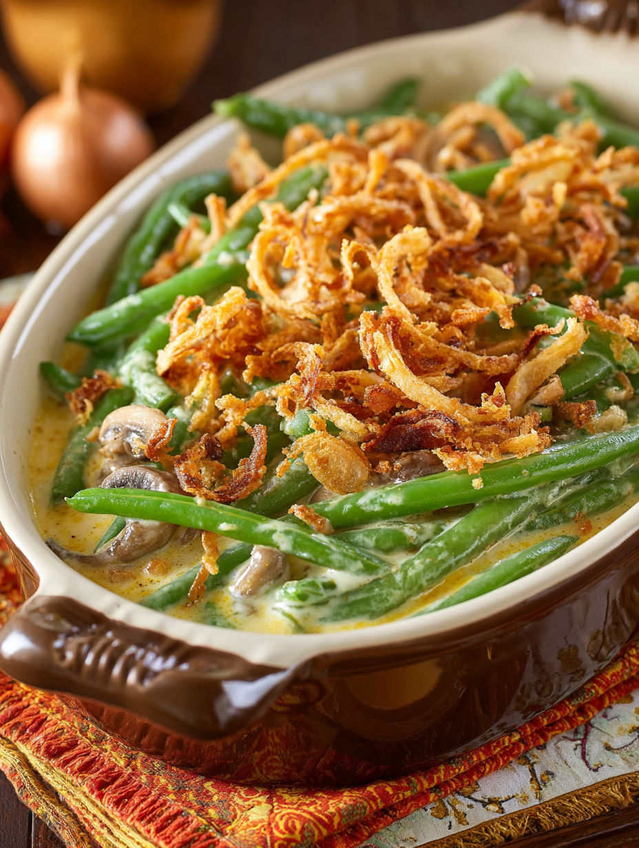A bowl of food with green beans and mushrooms.