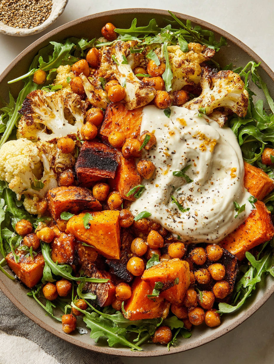 A bowl of vegetables with a dollop of sour cream on top.