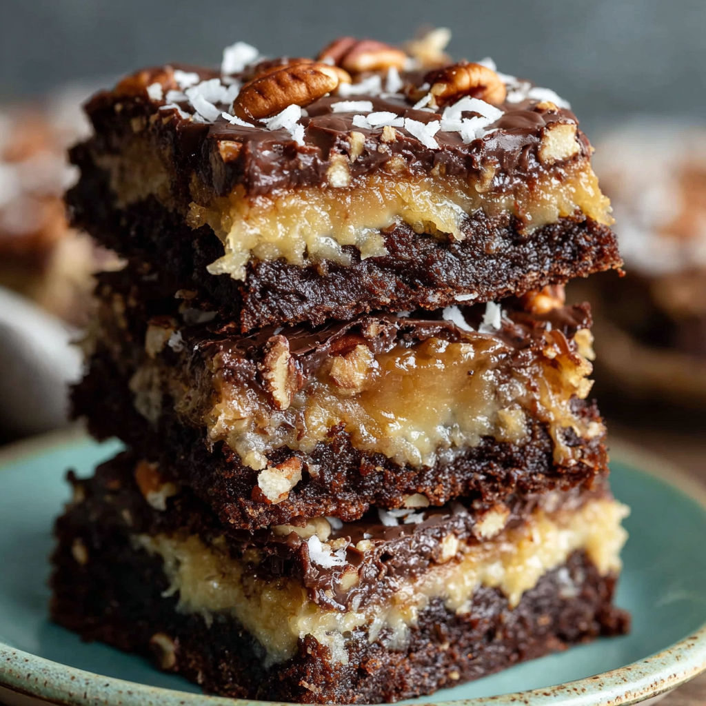 A stack of German Chocolate Pecan Brownies.