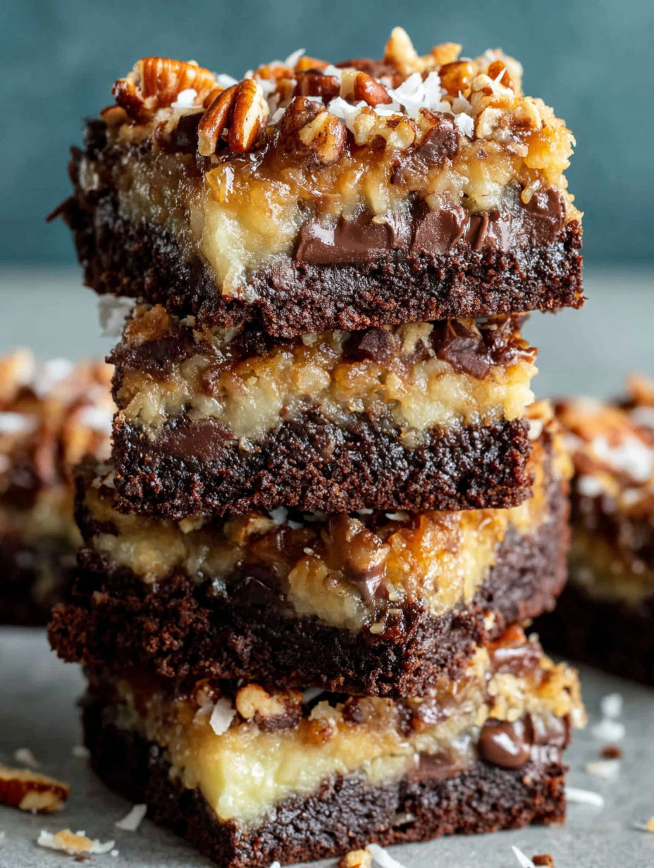 A stack of German Chocolate Pecan Brownies.