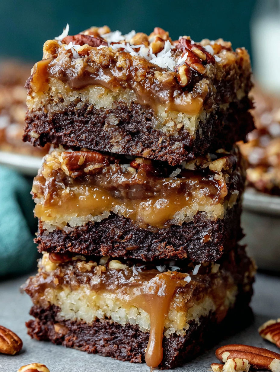 Three slices of German Chocolate Pecan Brownies.