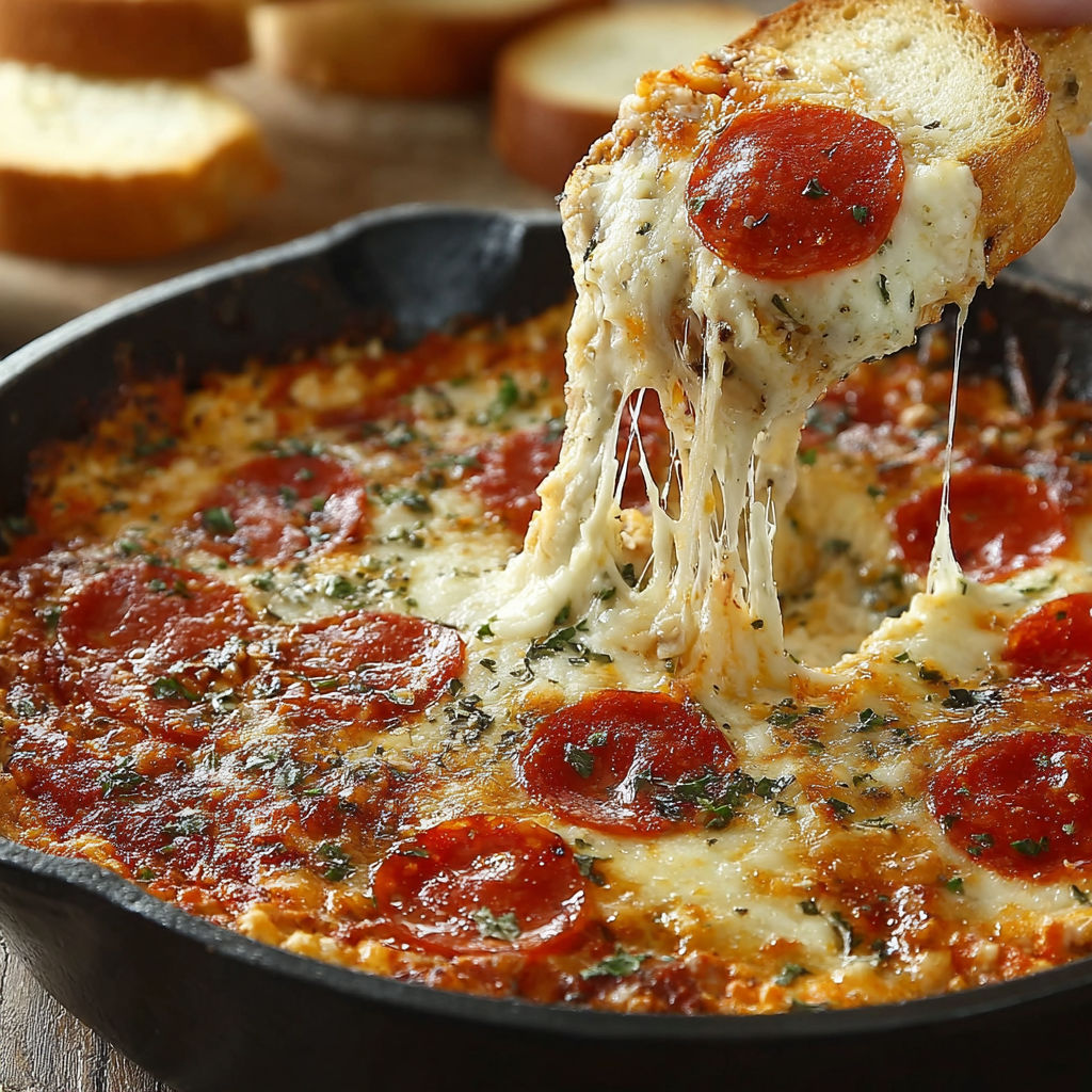 A close up of a delicious pizza dip.