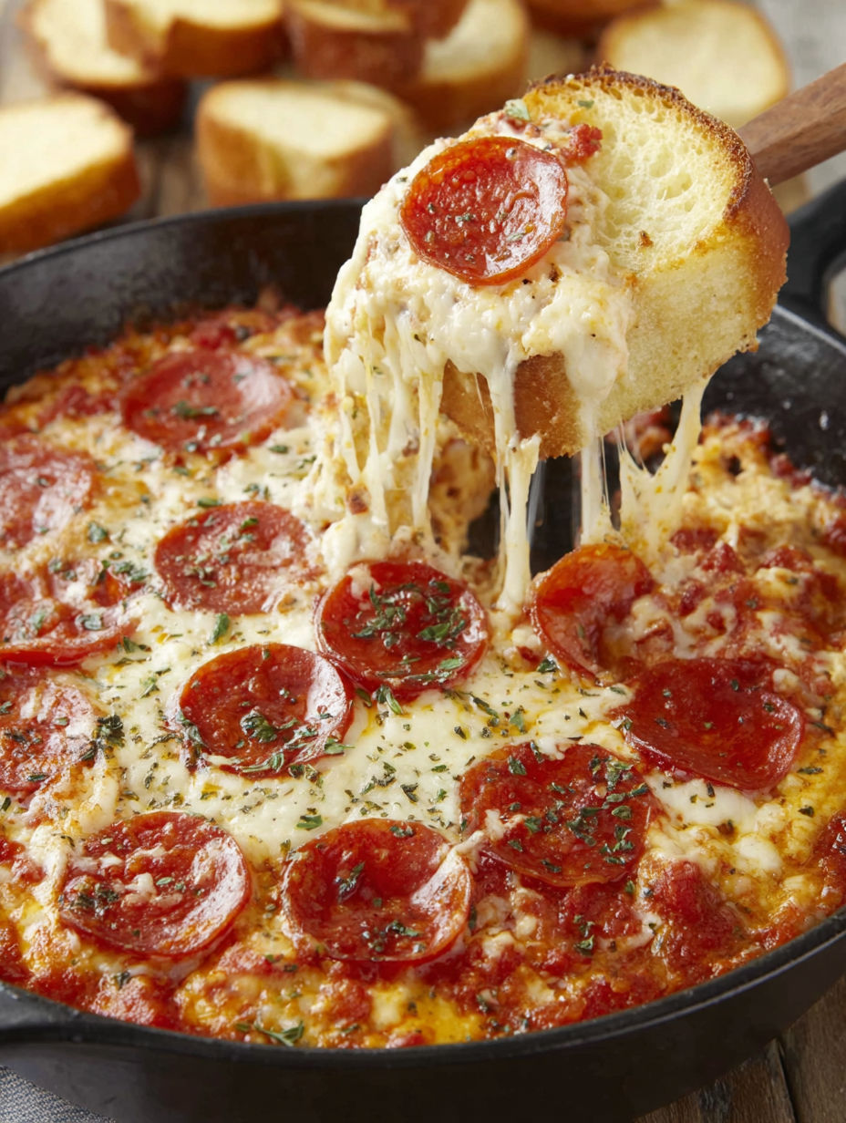 A spoon is in a pan of cheesy pizza dip.