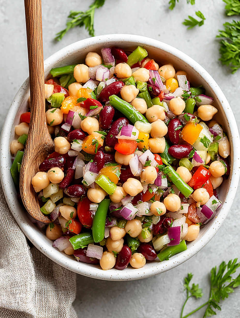 A bowl of three bean salad with a wooden spoon.