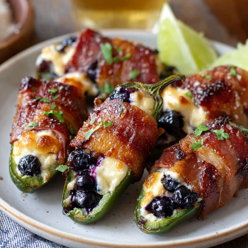 A plate of jalapeno poppers with blueberries and cheese.