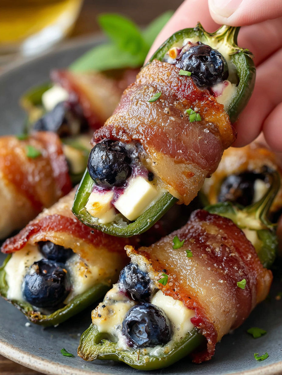A hand holding a jalapeno pepper with blueberries on top.