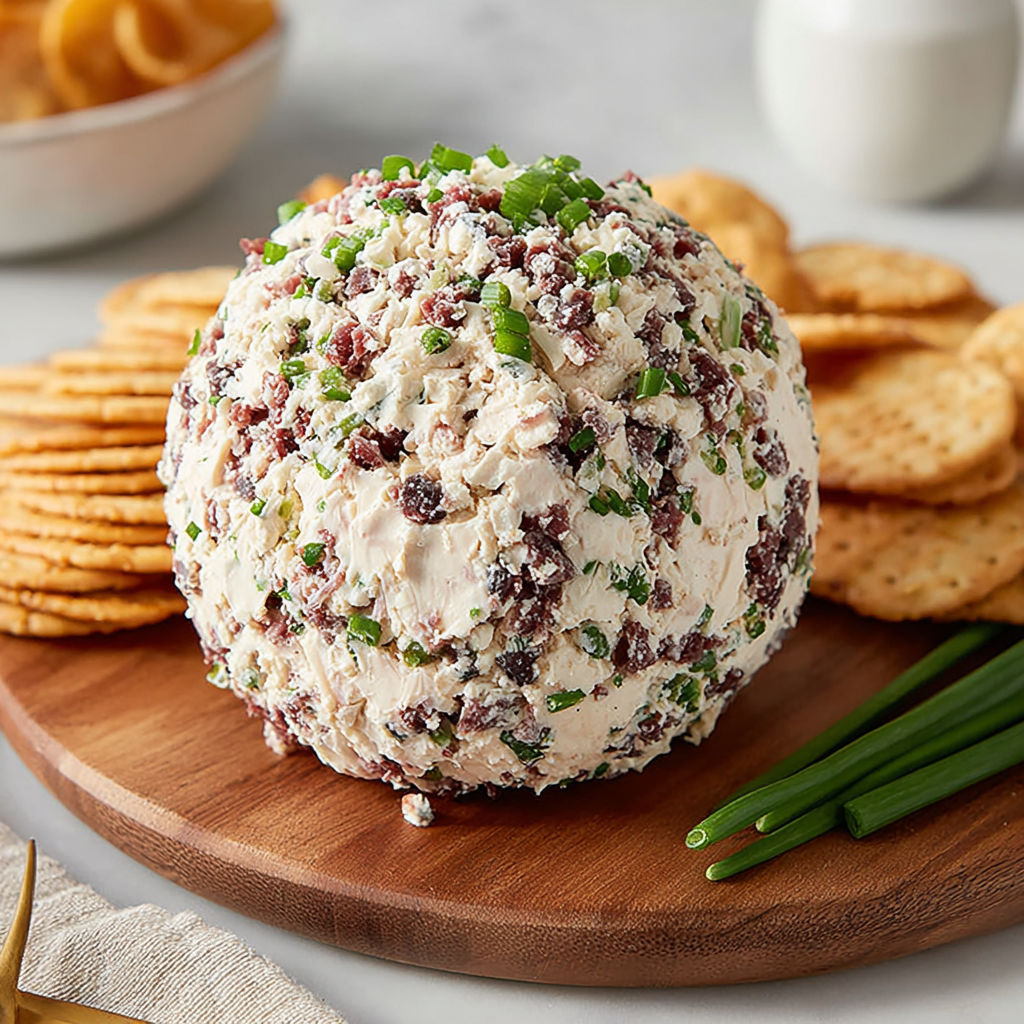 A dried beef cheese ball on a wooden cutting board.