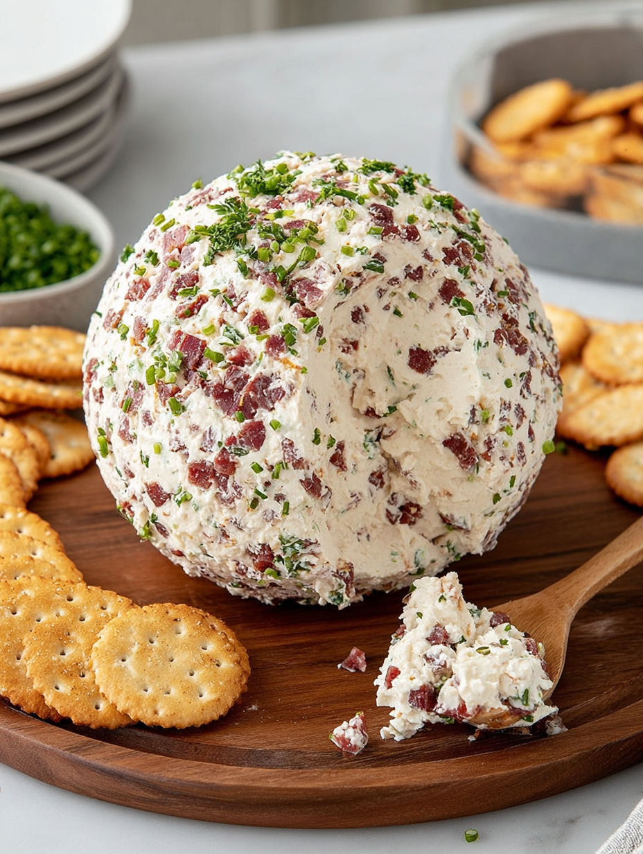 A cheese ball with a green topping.