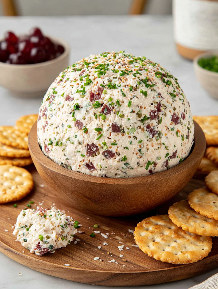 A bowl of dried beef cheese ball.