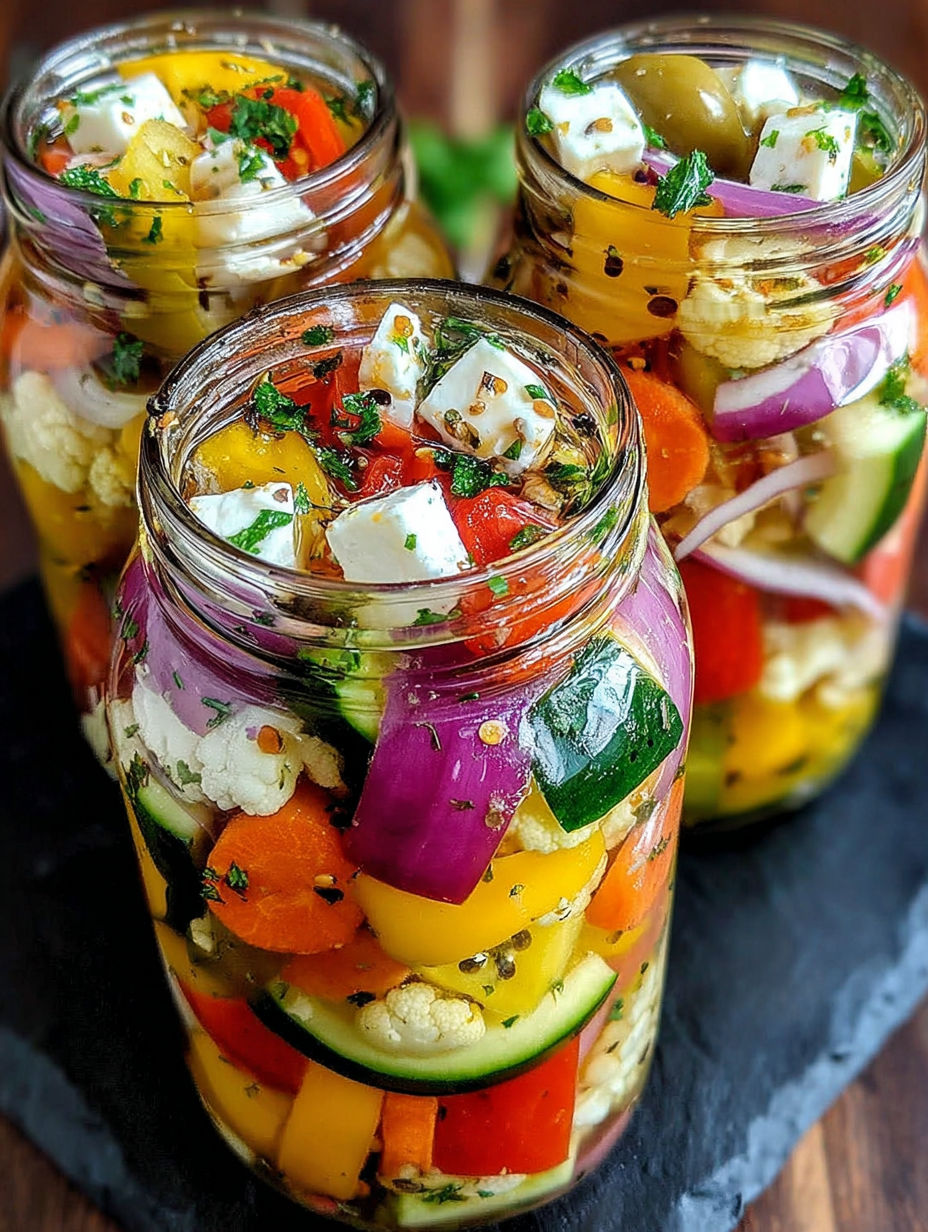 Three jars of zesty Mediterranean pickled veggies.
