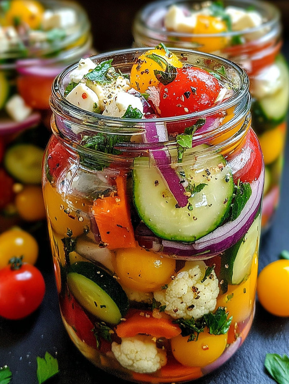 A jar of pickled vegetables with a variety of vegetables including cucumbers, tomatoes, onions, and cauliflower.