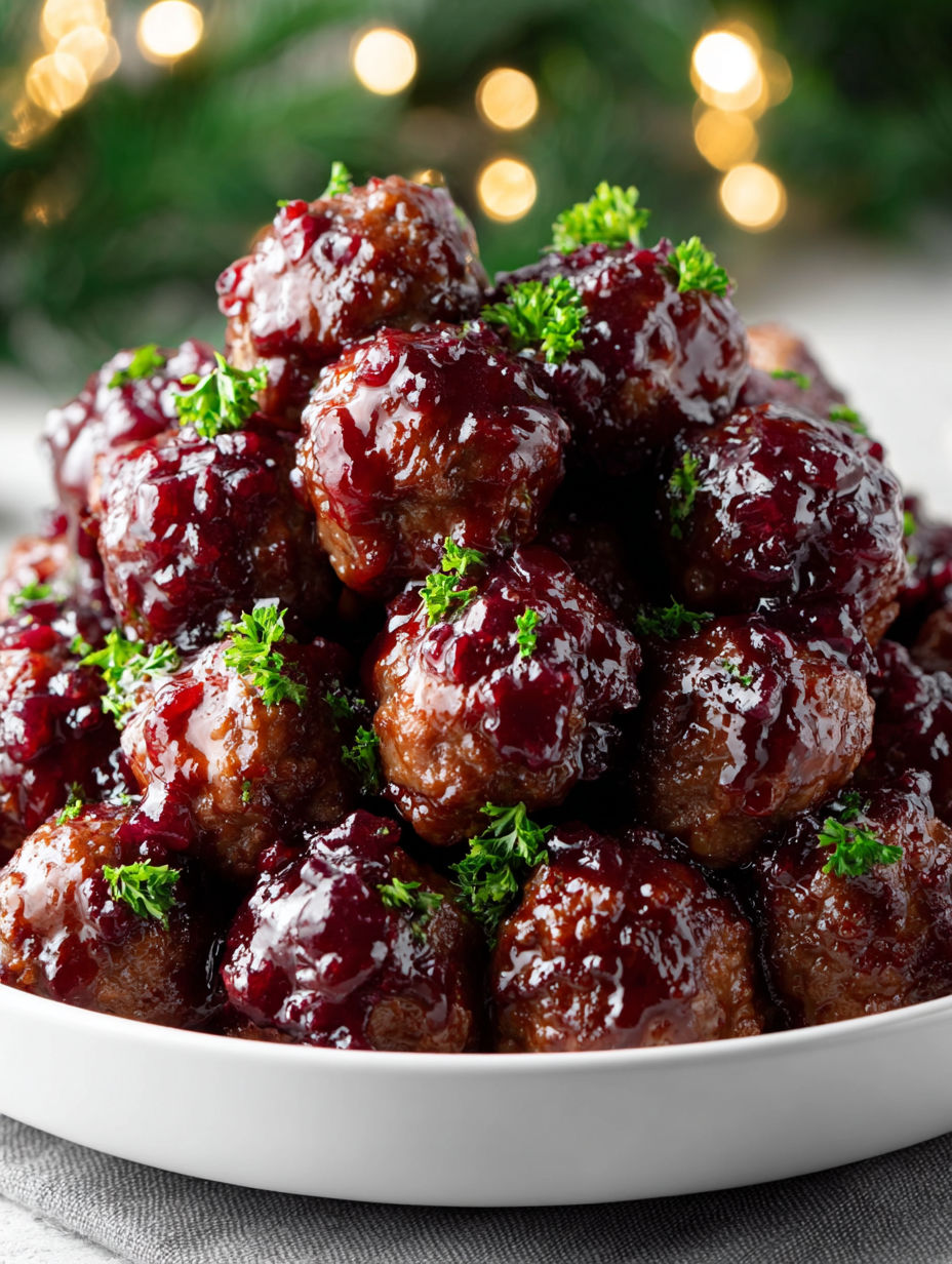 A plate of meatballs with a cranberry sauce.