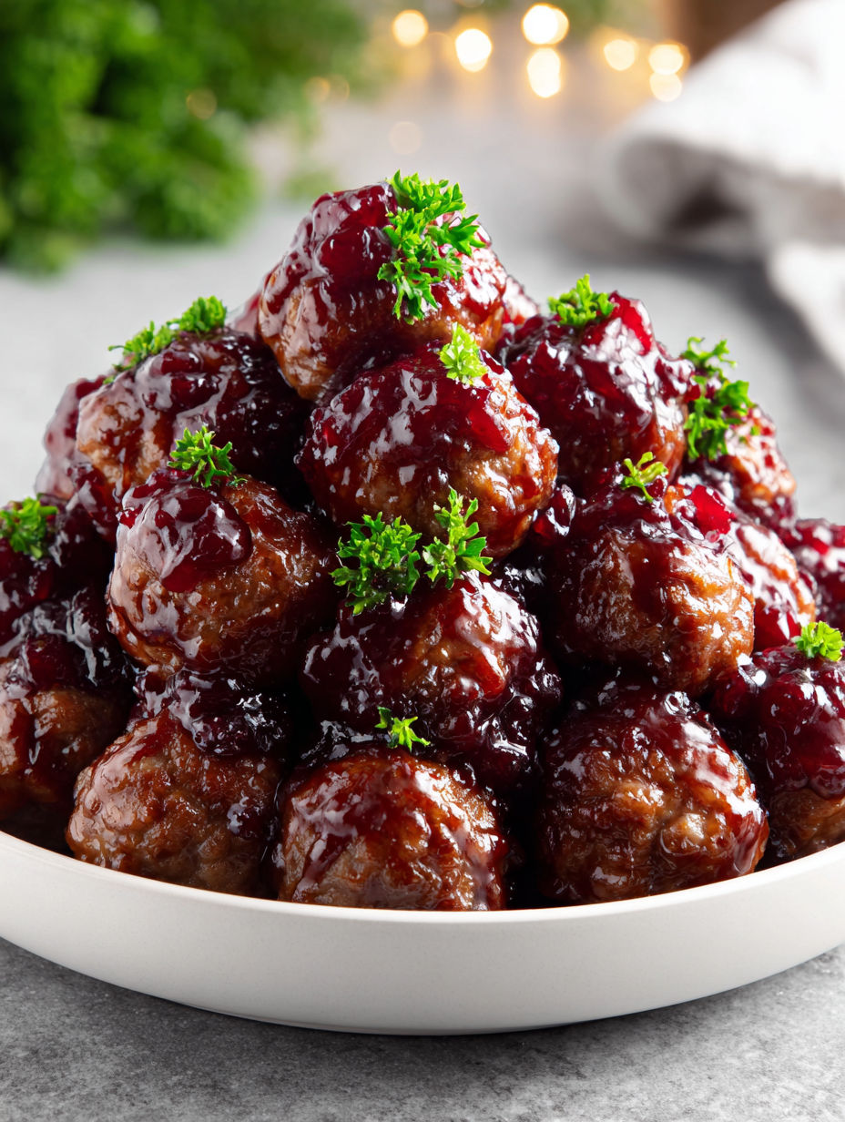 A plate of meatballs covered in cranberry sauce.