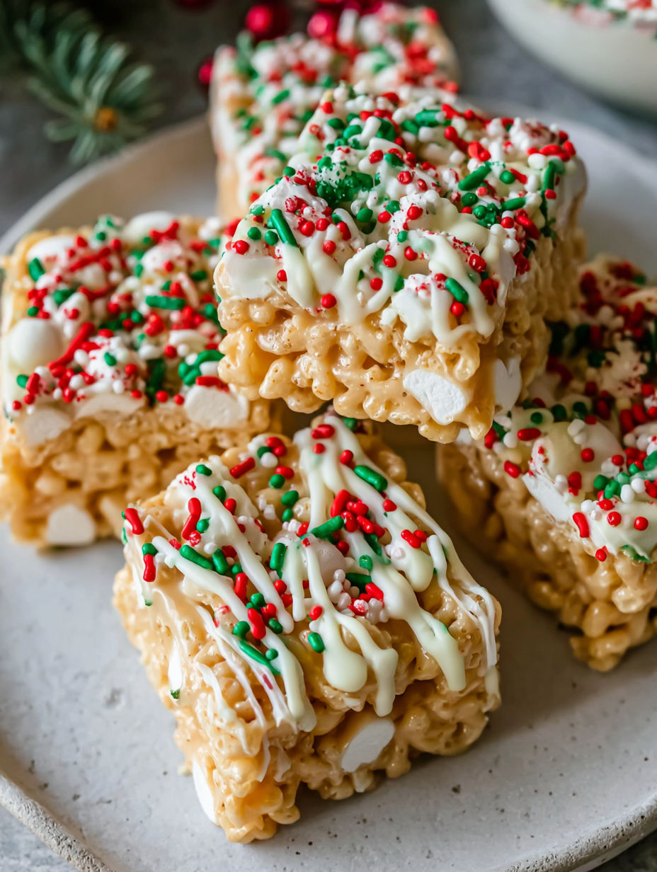 A plate of rice crispy treats with white icing and red and green sprinkles.