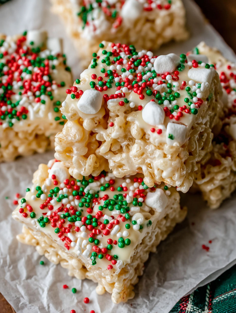A close up of a rice crispy treat with marshmallows and candy canes.