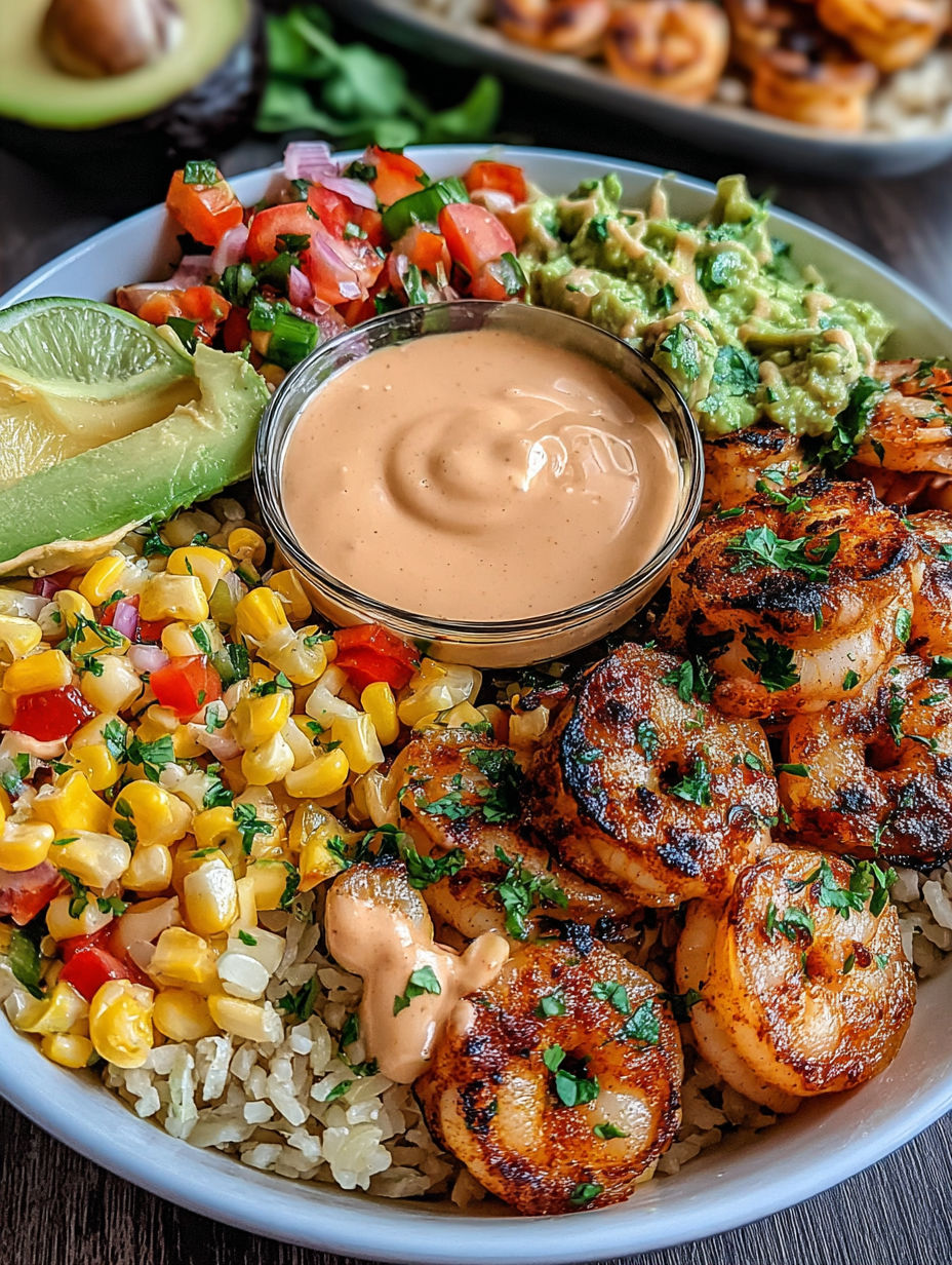 A bowl of food with shrimp, avocado, and rice.