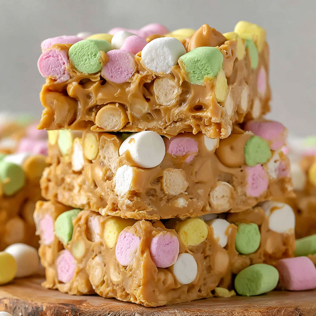 A stack of cake with marshmallows on top.
