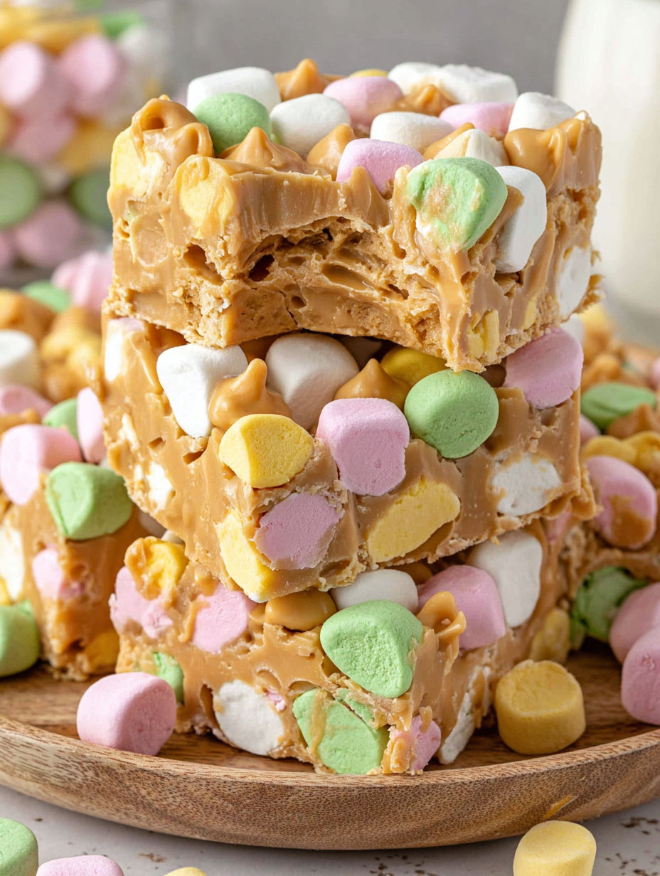 A stack of candy bars with marshmallows on top.