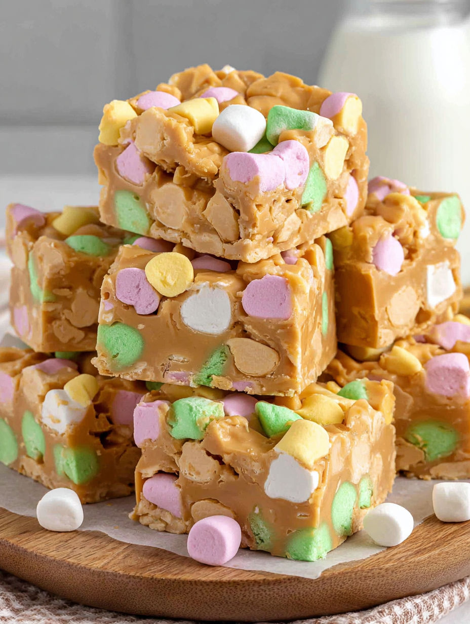 A stack of candy bars with marshmallows on top.
