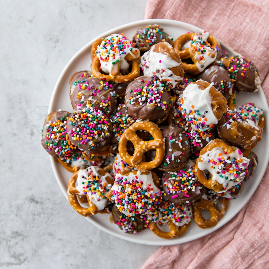 A plate of chocolate caramel pretzels.