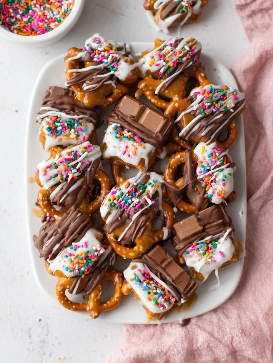 A plate of chocolate caramel pretzels.