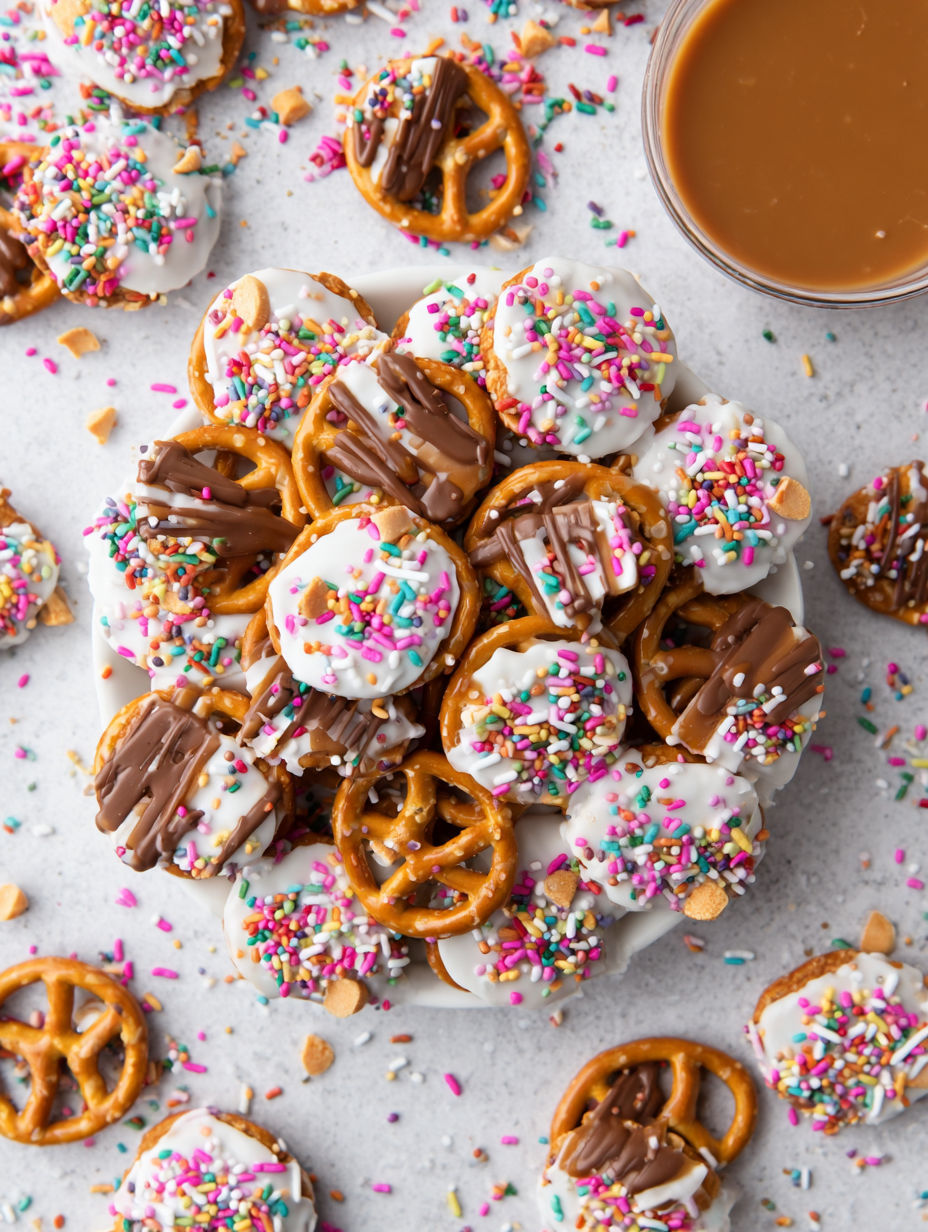 A plate of chocolate caramel pretzels.