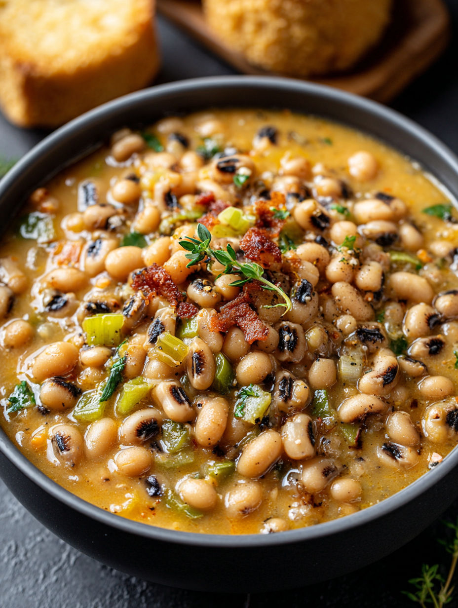 A bowl of black eyed peas with bacon.