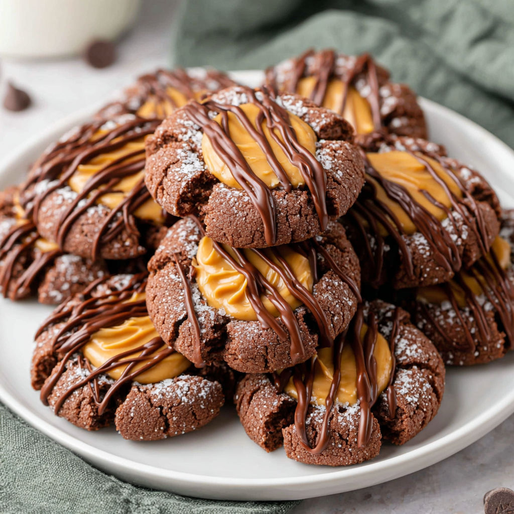 A plate of chocolate peanut butter thumbprint cookies.