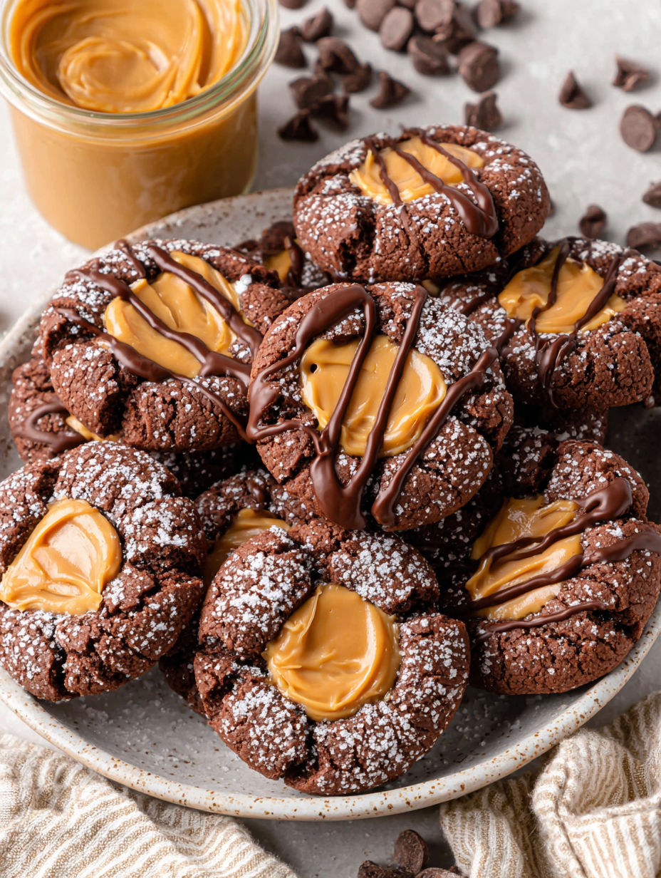 A plate of chocolate peanut butter thumbprint cookies.