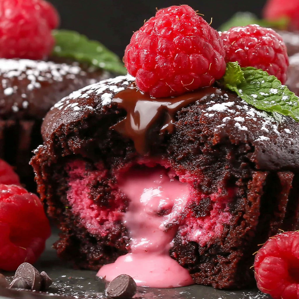 A close up of a chocolate cupcake with raspberries on top.