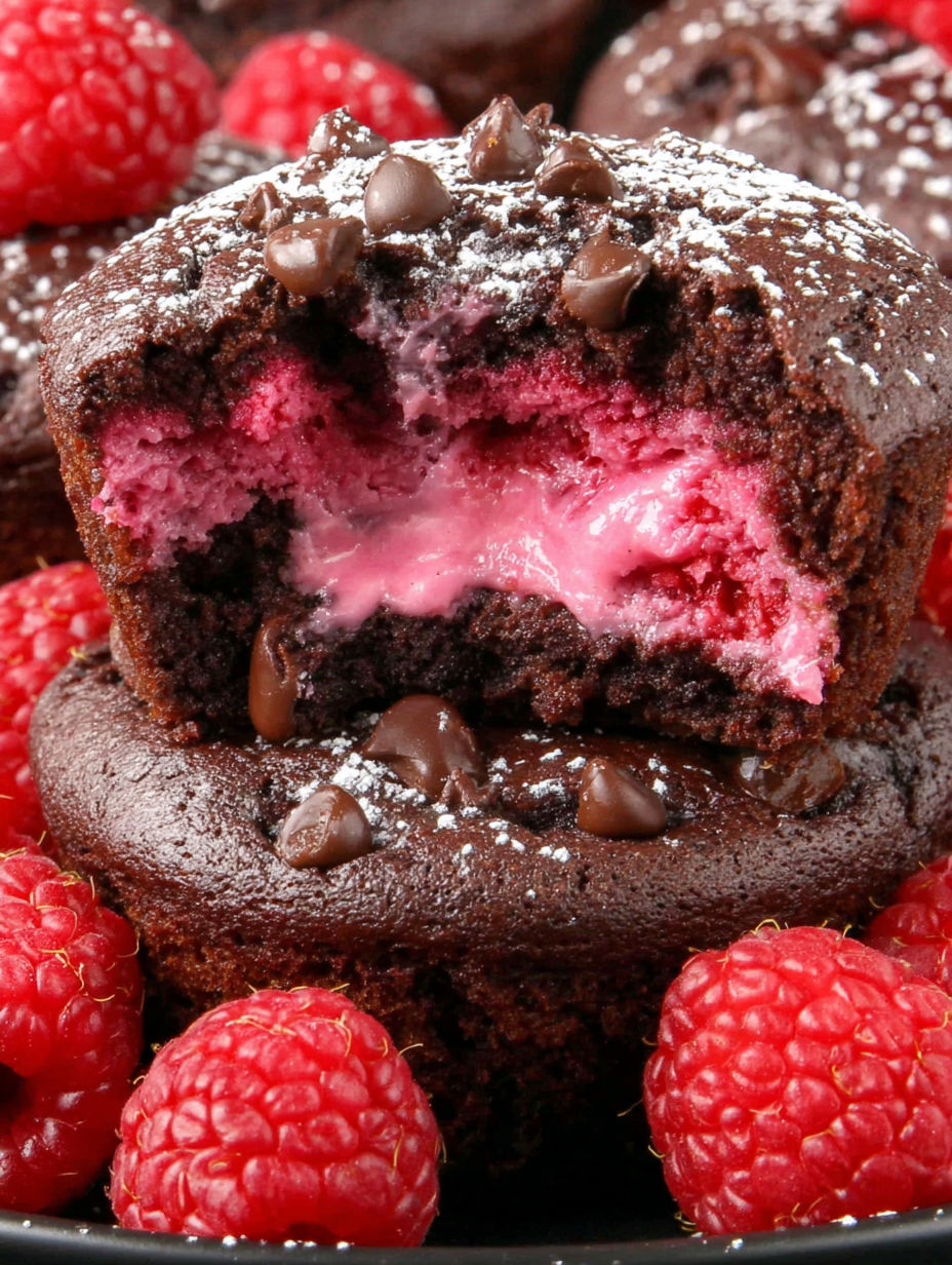 A slice of a chocolate lava cake with raspberry sauce.