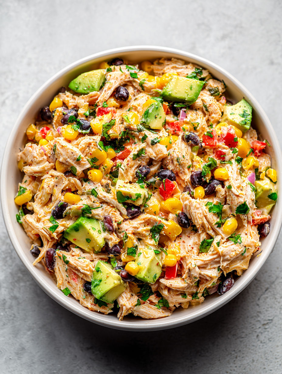A bowl of chicken salad with avocado, corn, and tomatoes.