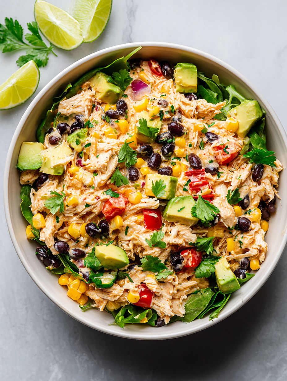 A bowl of chicken salad with avocado, tomatoes, corn, and lime.
