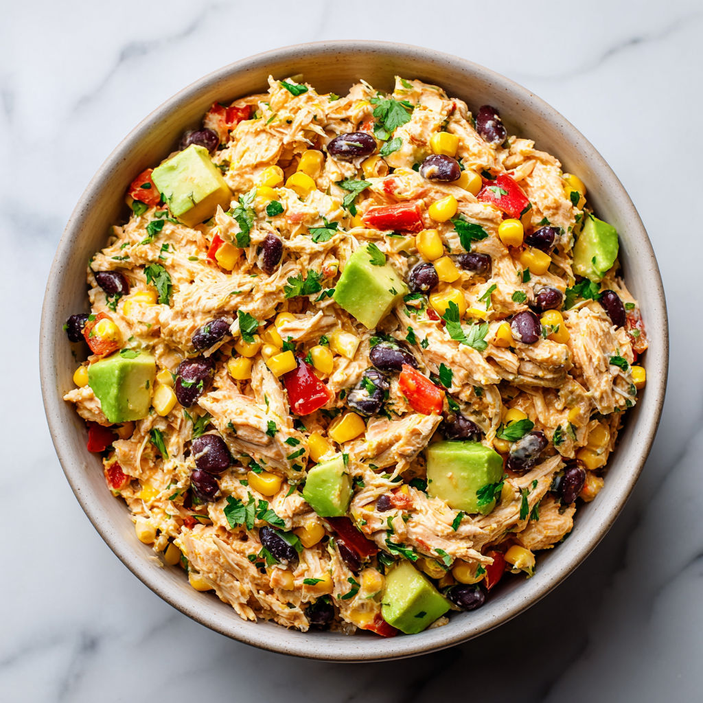 A bowl of chicken salad with avocado, corn, and tomatoes.