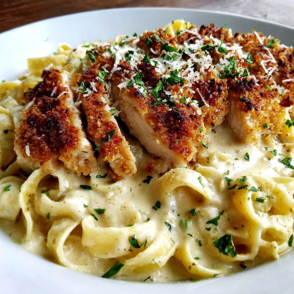 A plate of chicken fettuccine alfredo.