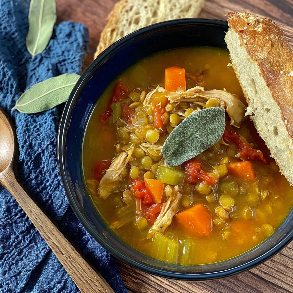 A bowl of soup with a spoon in it.