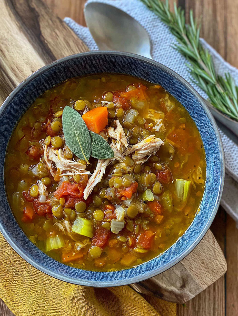 A bowl of soup with a green leaf on top.