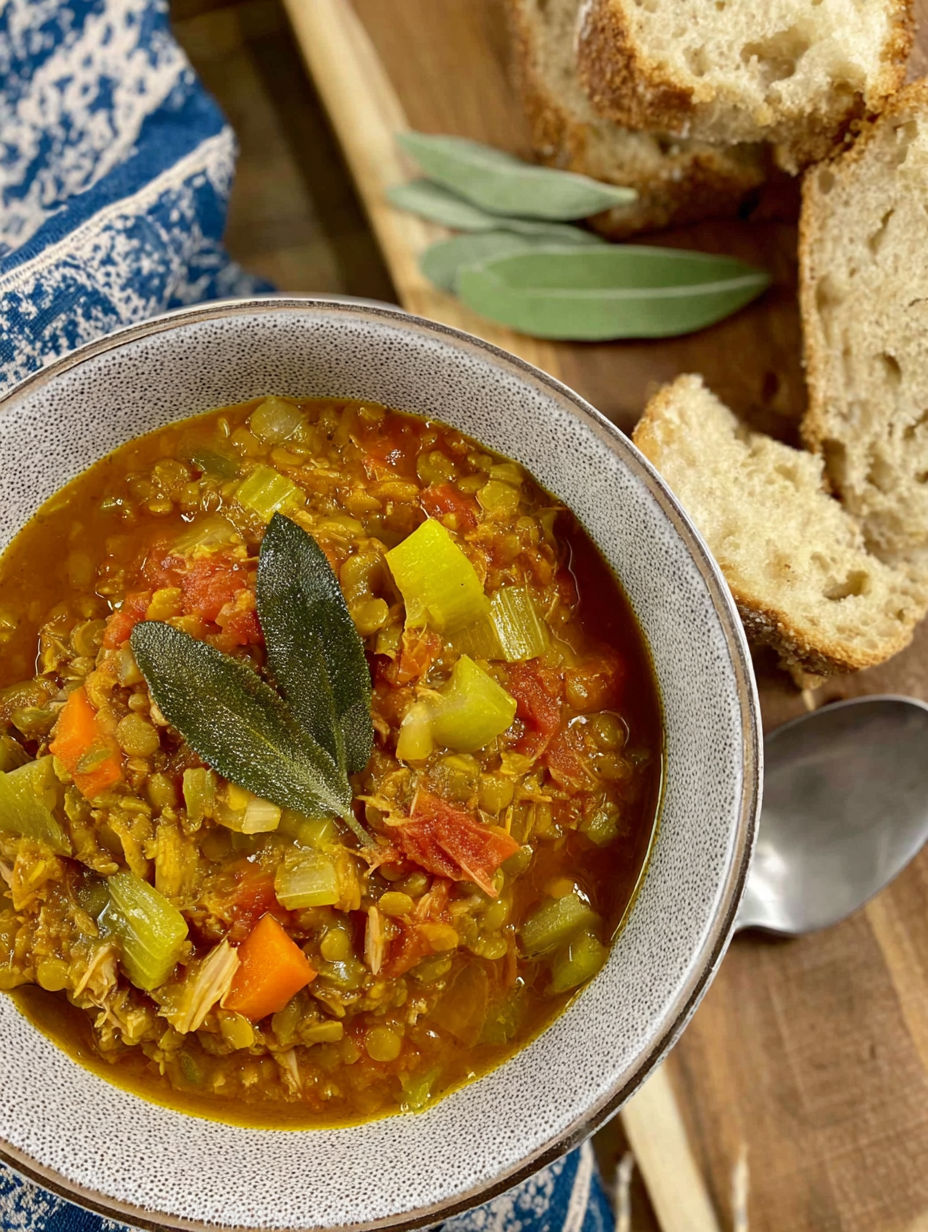 A bowl of soup with a spoon in it.