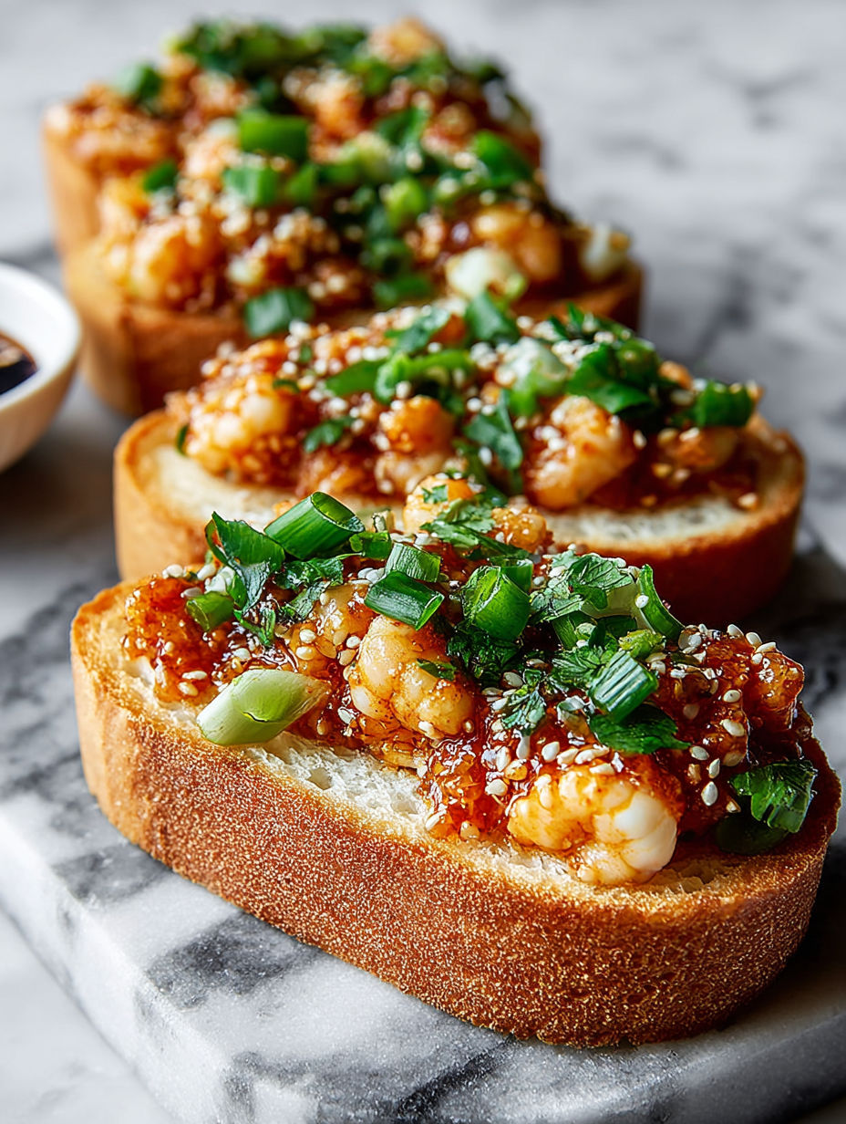A plate of bread with shrimp on top.
