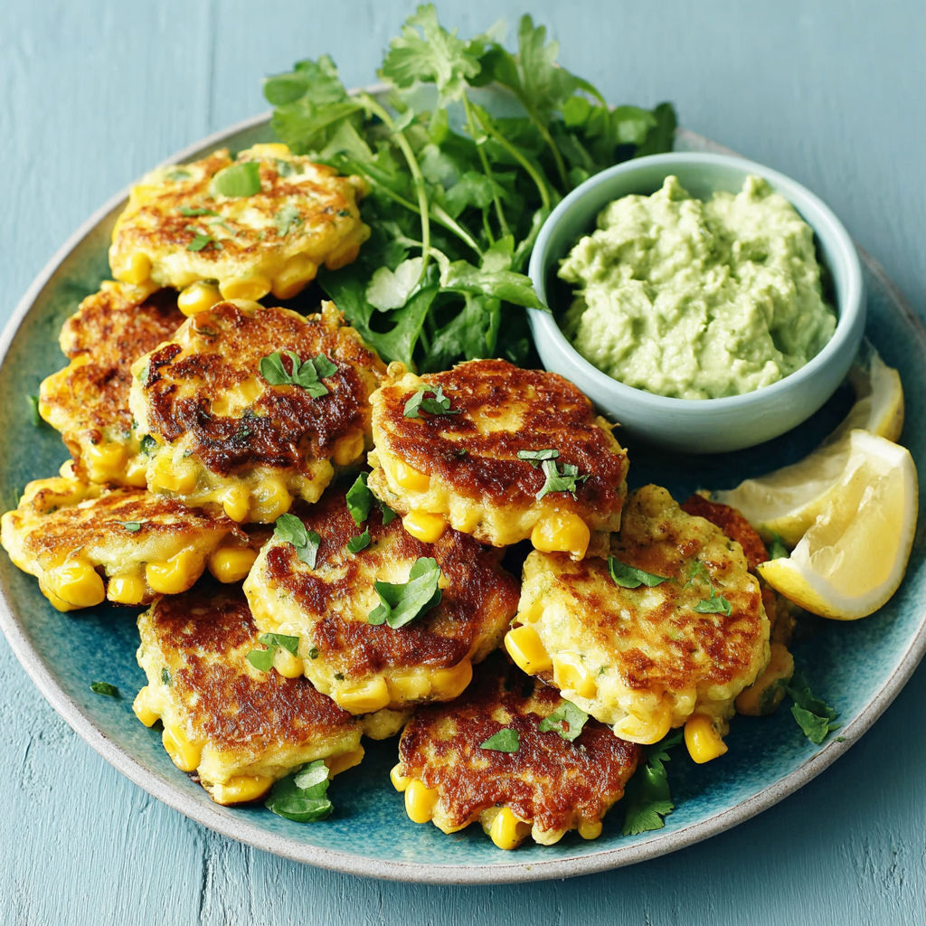 A plate of corn fritters with a bowl of dip.