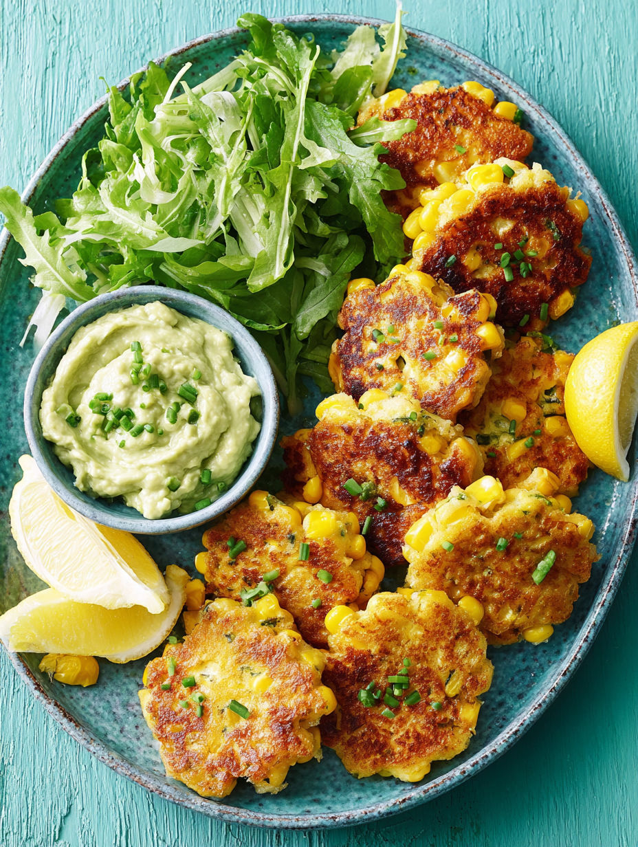 A plate of food with corn fritters and a bowl of dip.