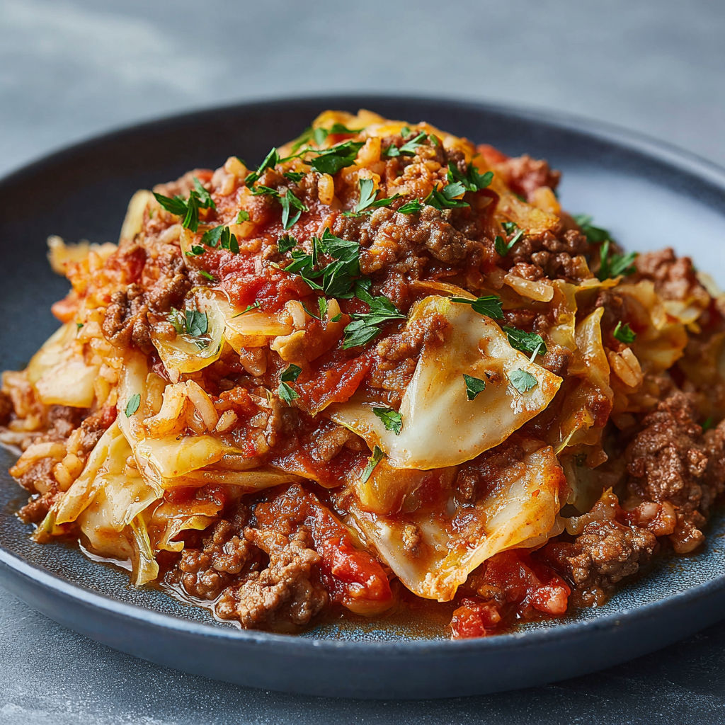 A plate of food with a lazy cabbage roll casserole and ground beef.