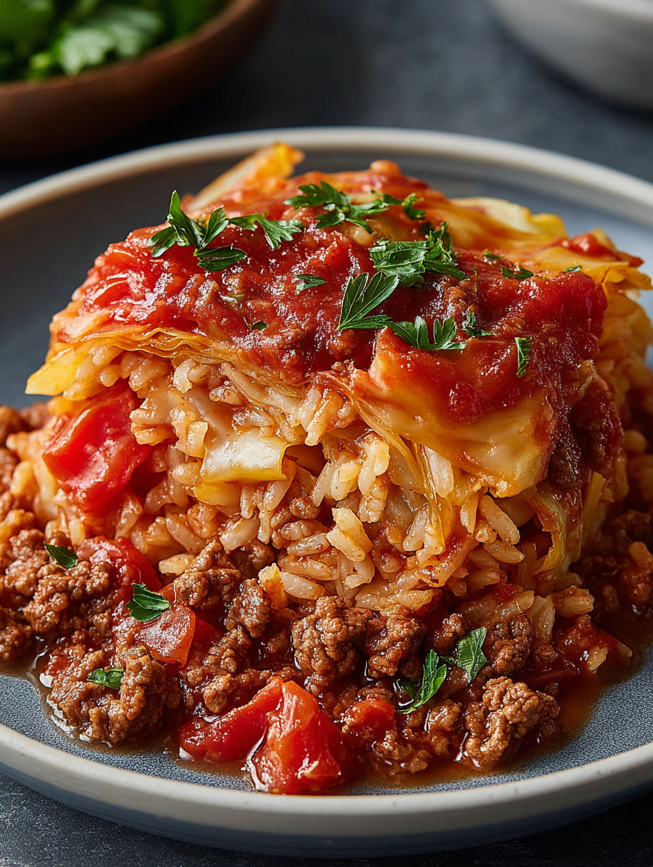 A plate of food with a lazy cabbage roll casserole and ground beef.