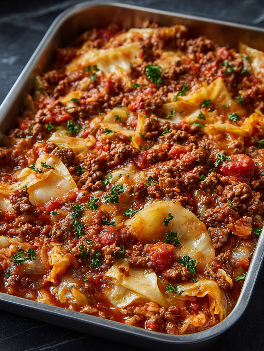 A casserole with ground beef and cabbage.