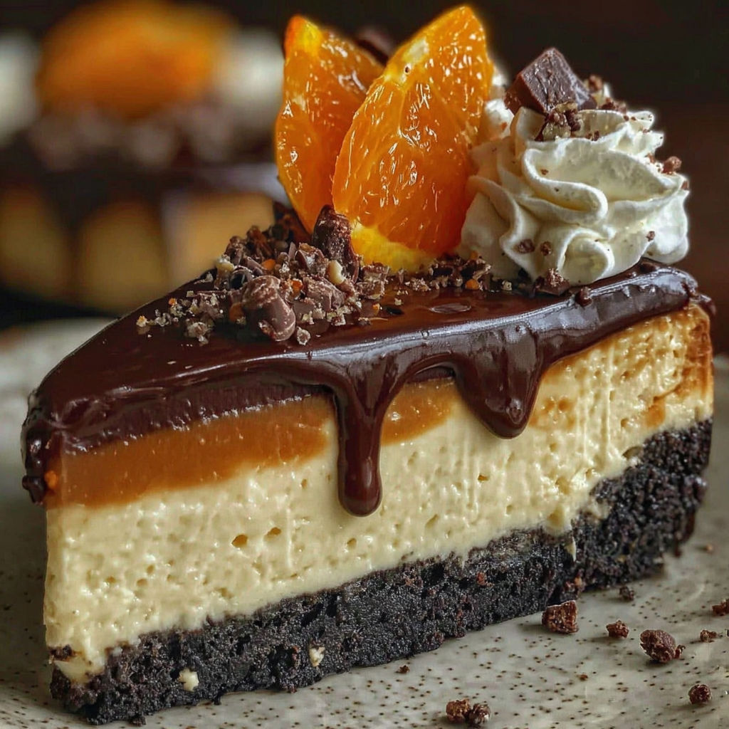 A slice of chocolate orange cheesecake with orange slices on top.