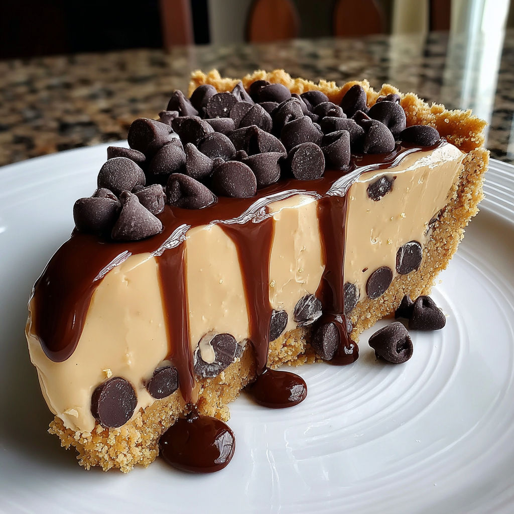 A slice of chocolate chip cookie dough pie.